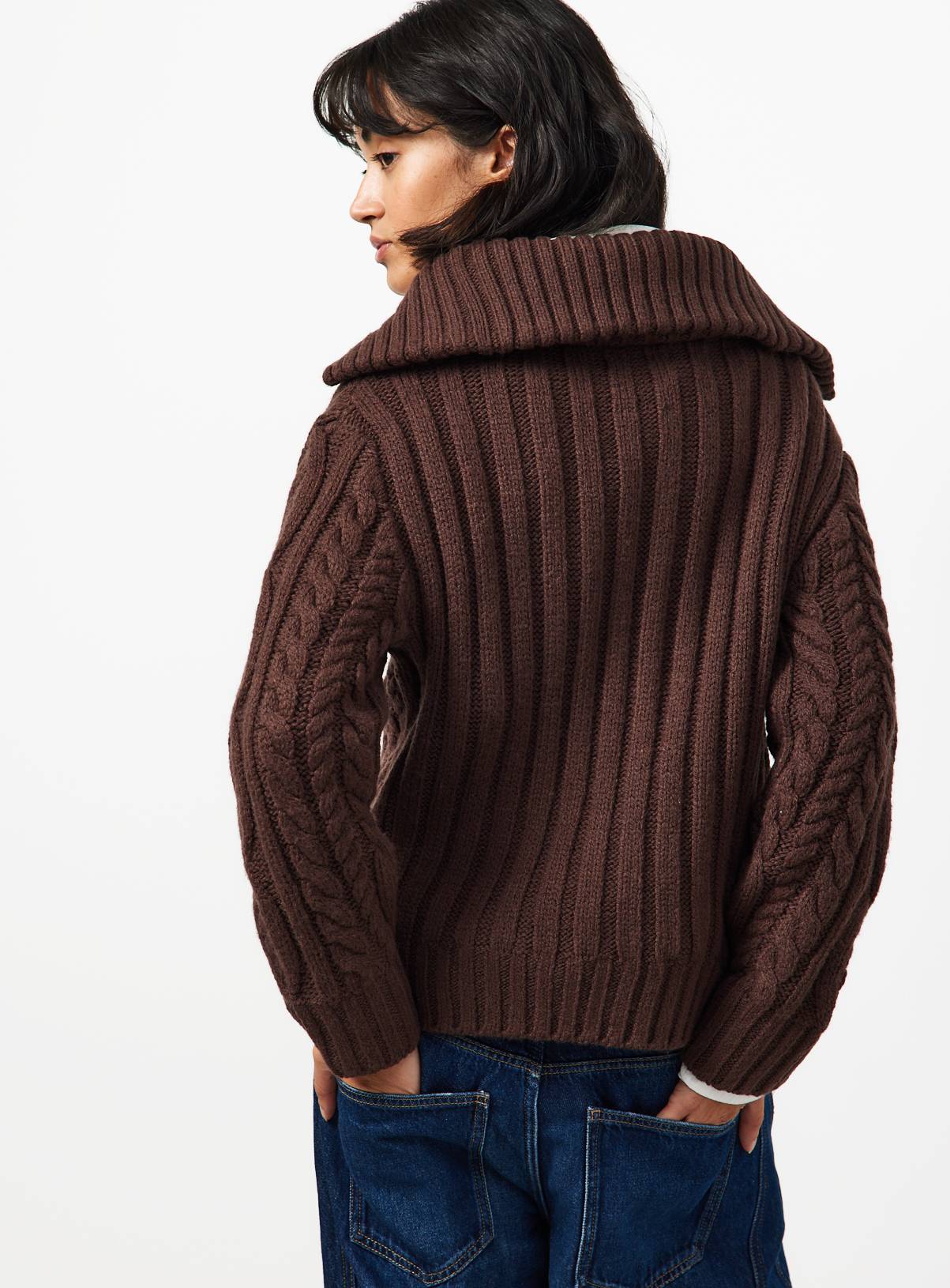 Brown Chunky Cable Zip-Through Cardigan L - Image 4